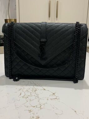 Saint Laurent Black Quilted Chevron Leather Shoulder Bag with Chain